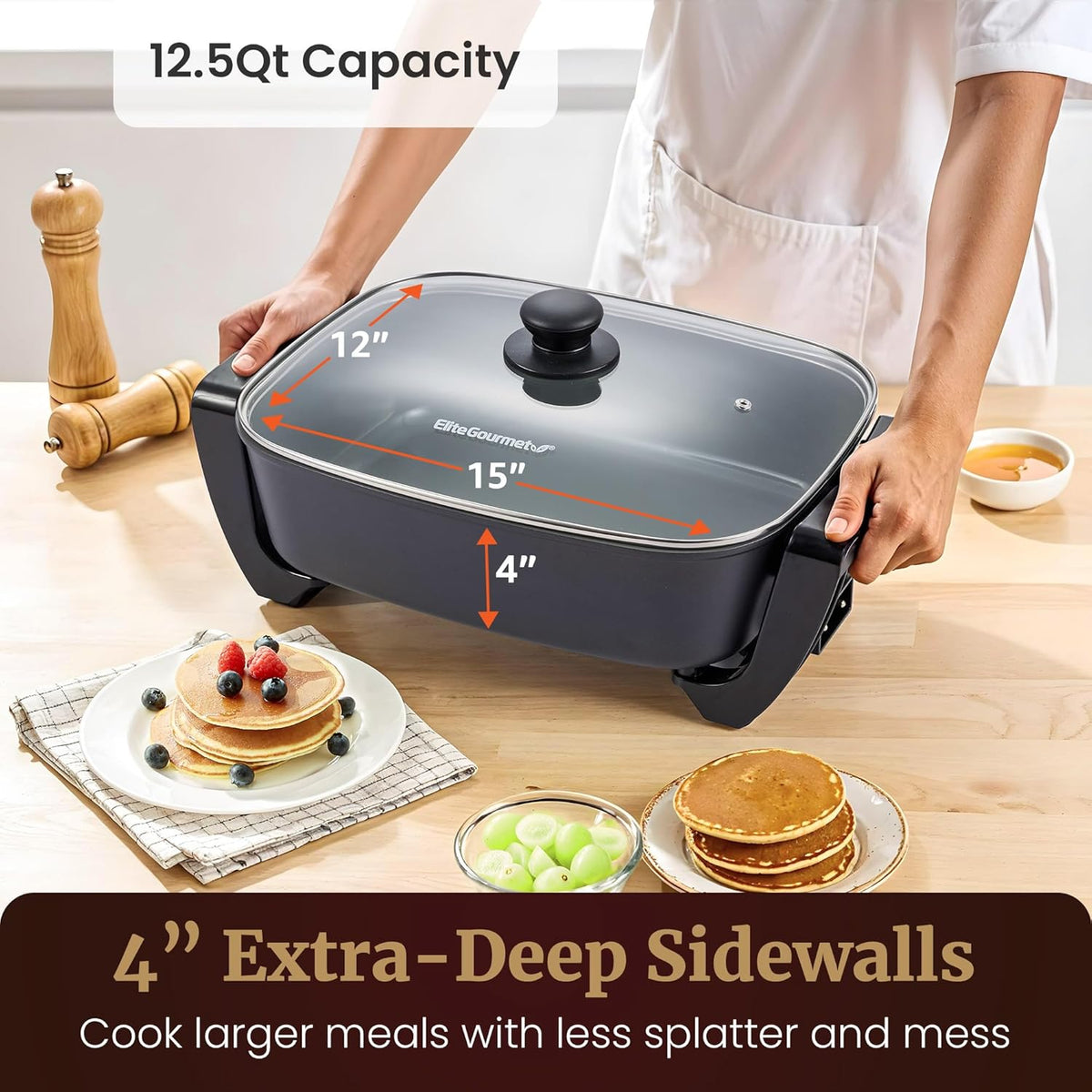 Elite Gourmet EG2615 15" x 12" x 4” Electric Skillet, Durable Xtra Deep Dish, PFAS Free Ceralast™ Ceramic Non-stick, 1500W Rapid Heat, Tempered Glass Vented Lid, Dishwasher Safe, 12.5 Qt., Black/Gray