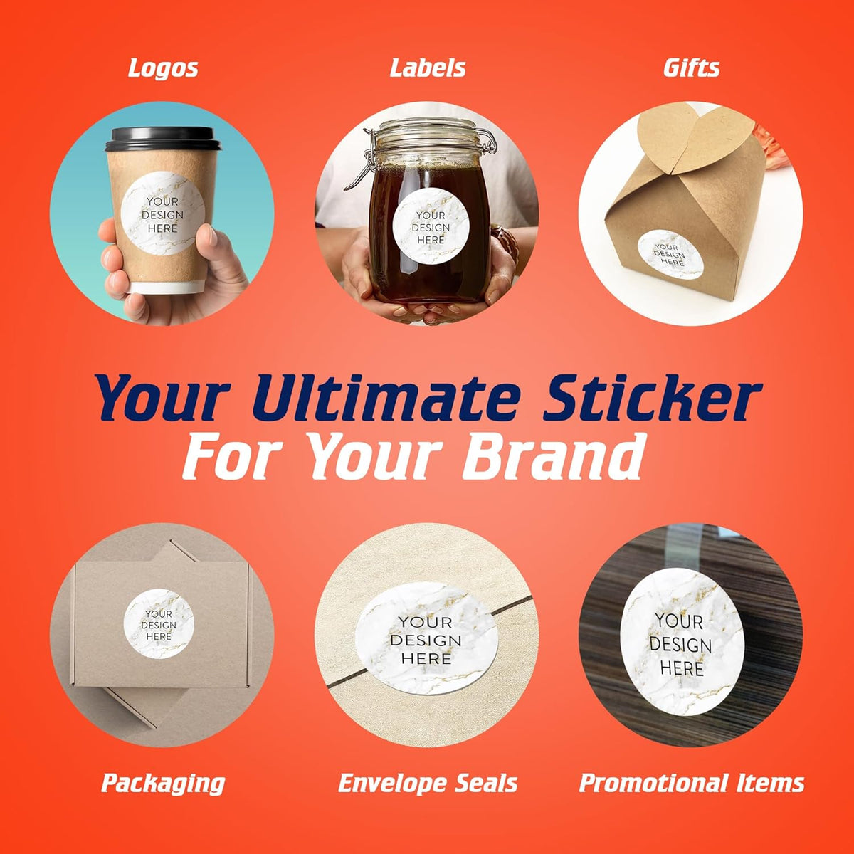 100 Custom Vinyl Stickers - Upload Your own Image, Text, Design, Logo - Personalized Logo Labels for Handmade, Packaging, Bottle, Jars, Candle, Brand Stickers (Gold Marble, 3x3)