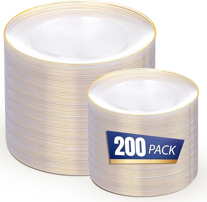 bUCLA 200PCS Clear and Gold Plastic Plates - Clear Disposable Plates with Gold Rim, Includes 100 PCS 10 inch Dinner Plates and 100 PCS 7 inch Dessert Plates for Party&Wedding