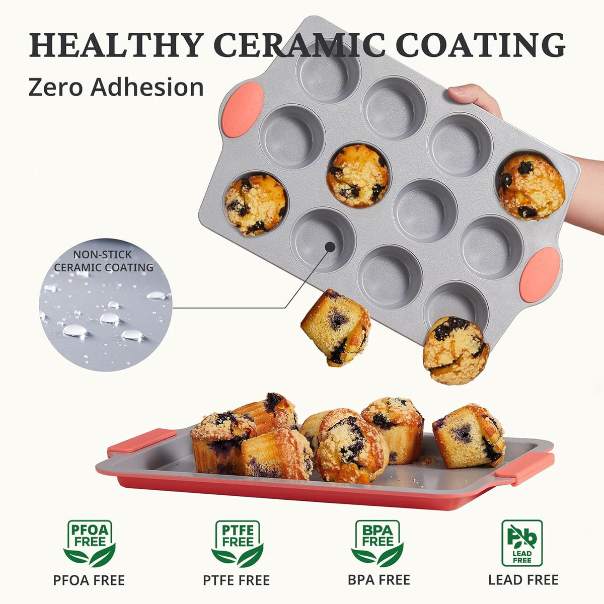 BRONYPRO Ceramic Muffin Pan, 12-Cup Nonstick Aluminized Steel Cupcake Pans, Healthy Non-Toxic Ceramic Coating Muffin tin, 2 Pack Cup Cake Pans for Baking Coral