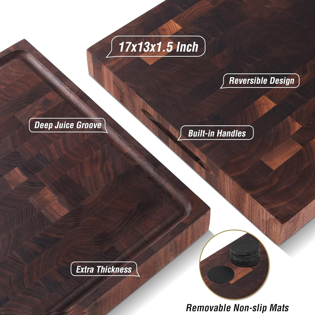 AZRHOM Large End Grain Walnut Wood Cutting Board 17x13x1.5 in Thick Butcher Block for Kitchen with Non-slip Mats Juice Groove & Handles (Gift Box)