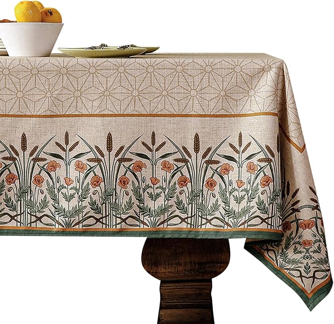 patdrea Designer Linen Vintage Table Cloth for Rectangle Table,Light Brown Durable French Floral Tablecloth,Decor Cover for Kitchen Dining,Christmas,Thanksgiving,Tea Party,55"x87"-Cudillero