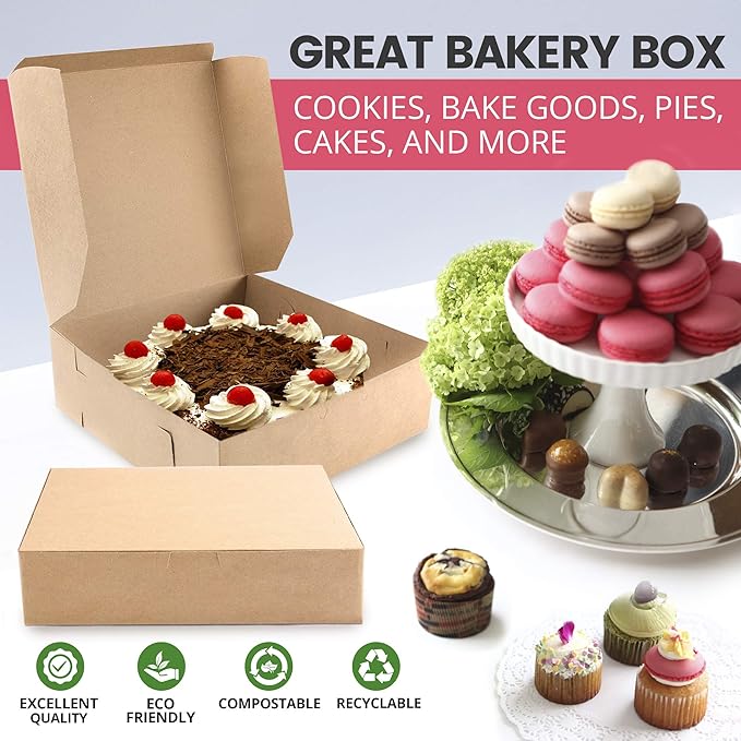 Fit Meal Prep 25 Pack Kraft Bakery Boxes, 9 x 9 x 3 Inches Brown Pastry Boxes, Cardboard Treat Boxes Pie Boxes Cookie Boxes Dessert Boxes for Cupcakes, Chocolates, Donuts, Macarons