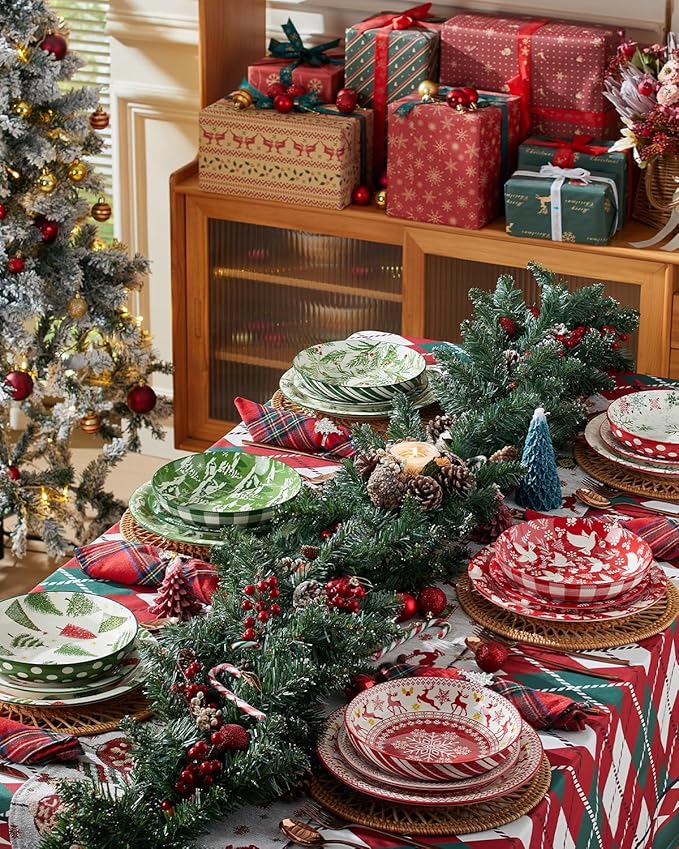 Christmas Pasta Bowl Set, 8 Inch Salad Serving Bowl, Wide and Shallow Bowl Plate for Kitchen, Dishwasher and Microwave Safe, Set of 6