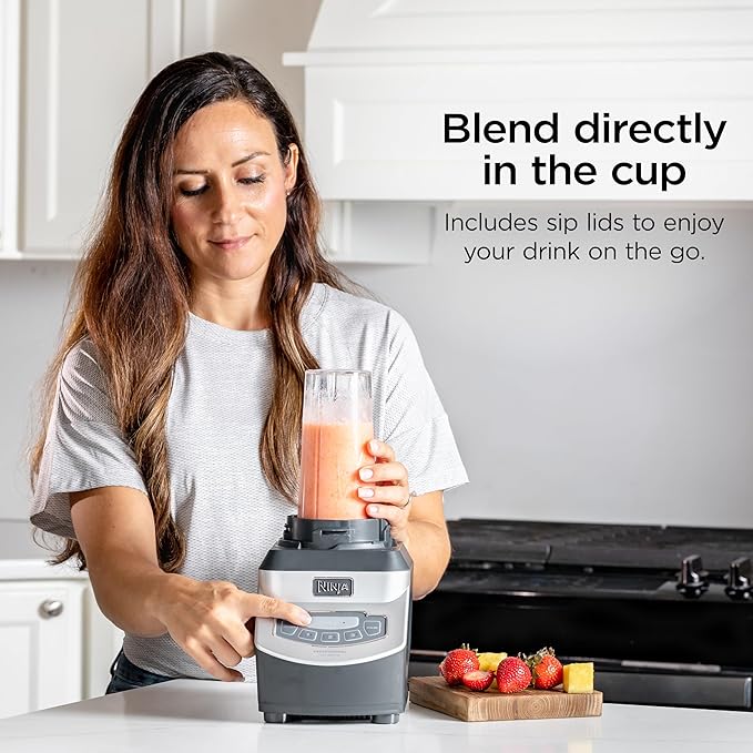 Ninja BL660 Professional Compact Smoothie & Food Processing Blender, 1100-Watts, 3 Functions -for Frozen Drinks, Smoothies, Sauces, & More, 72-oz.* Pitcher, (2) 16-oz. To-Go Cups & Spout Lids, Gray