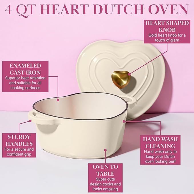 Paris Hilton Enameled Cast Iron Dutch Oven Heart-Shaped Pot with Lid, Dual Handles, Works on All Stovetops, Oven Safe to 500°F, 4-Quart, Cream