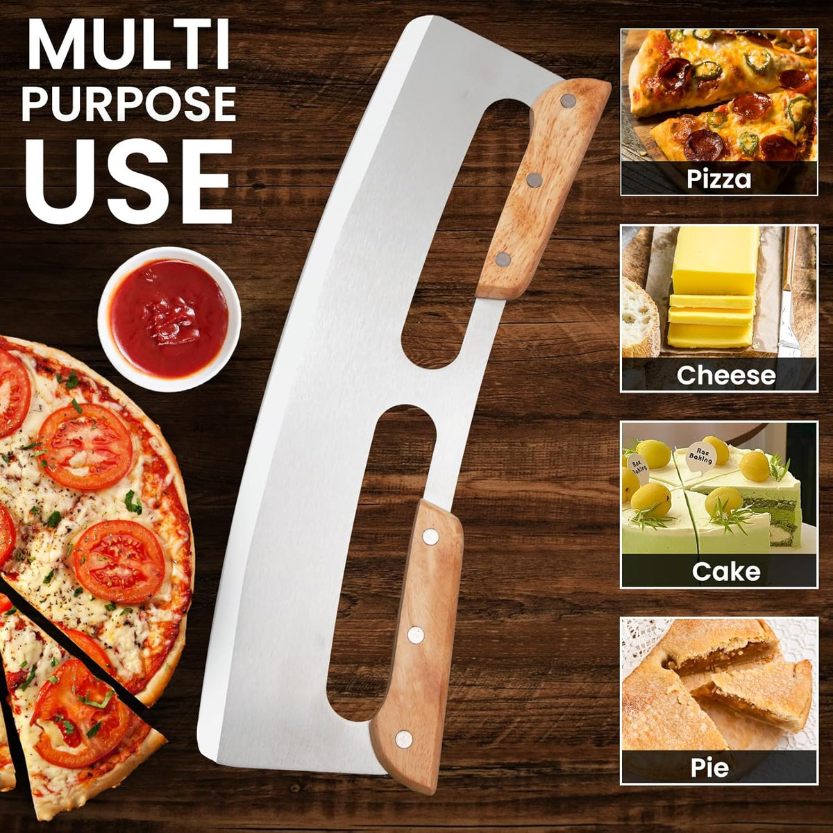 SCHVUBENR 14'' Pizza Cutter Rocker with Large Cover - Sharp Stainless Steel Pizza Slicer with Wooden Handles - Large Pizza Knife Cutter Wheel - Easy to Use & Clean - Slice Pizza with Ease