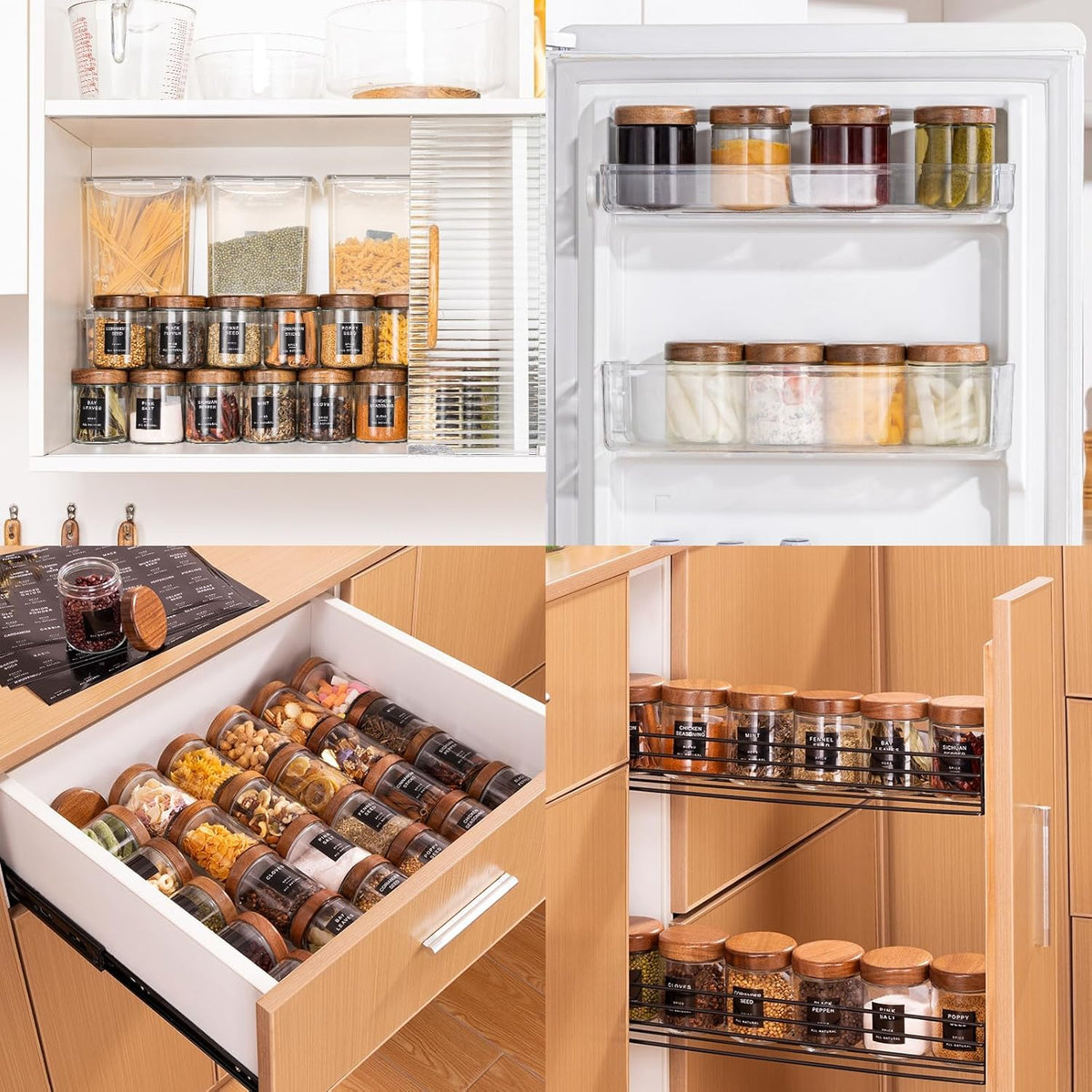 Yangbaga 12Pcs Glass Spice Jars with Labels-8oz Acacia Wood Lid Square Spice Containers,Seasoning Jars for Rack Cabinet Drawer,KitchenPantry Daily Use