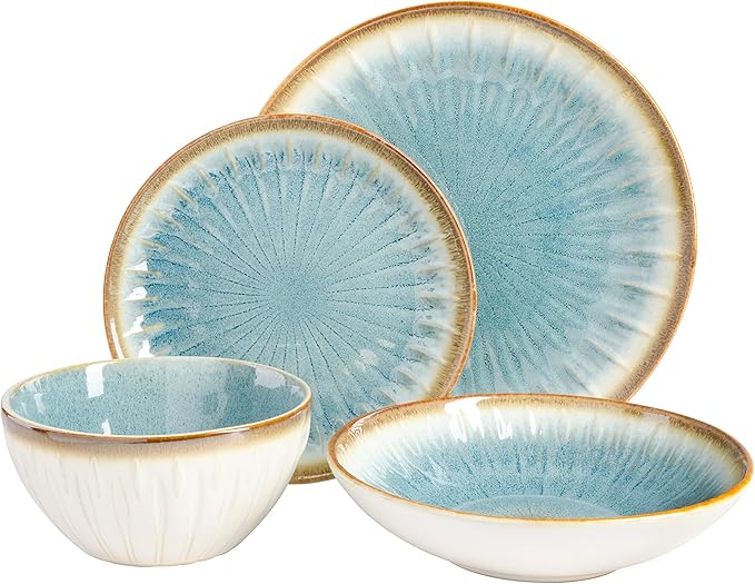 Gibson Elite Mayfair Bay 16-Piece Embossed Double Bowl Dinnerware Set, Service for 4 – Blue Stoneware Plates and Bowls