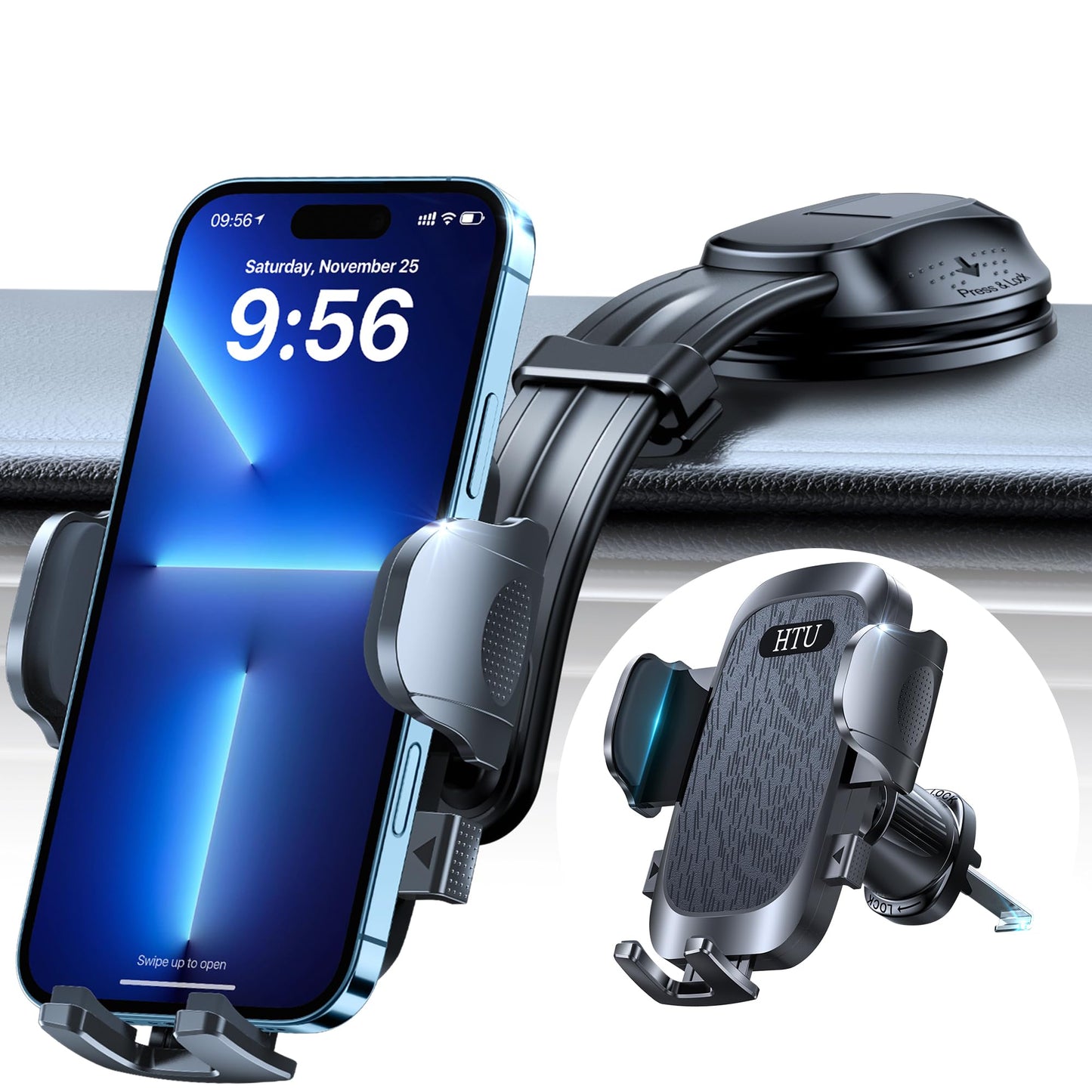 HTU Upgraded Strongest Suction No Block View Bendable Arm Car Phone Holder