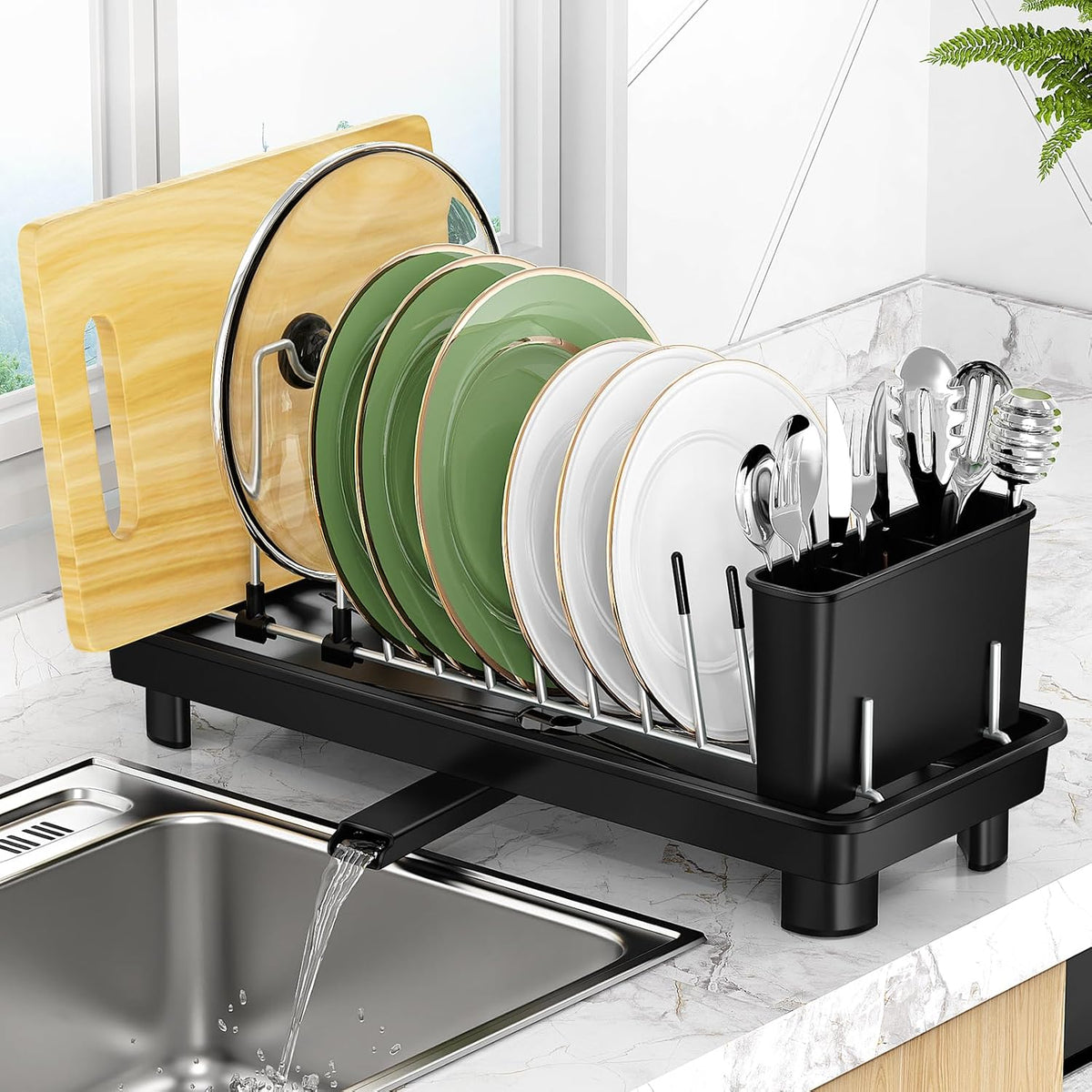 Small Dish Drying Rack, Compact Dish Rack for Kitchen Counter, Space Saving Plate Rack, Dish Strainer with Cutlery Holder, Black