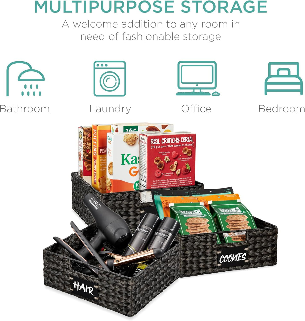 Best Choice Products Set of 4 13x12in Water Hyacinth Pantry Baskets, Woven Organizers w/Chalkboard Label, Chalk Marker - Black