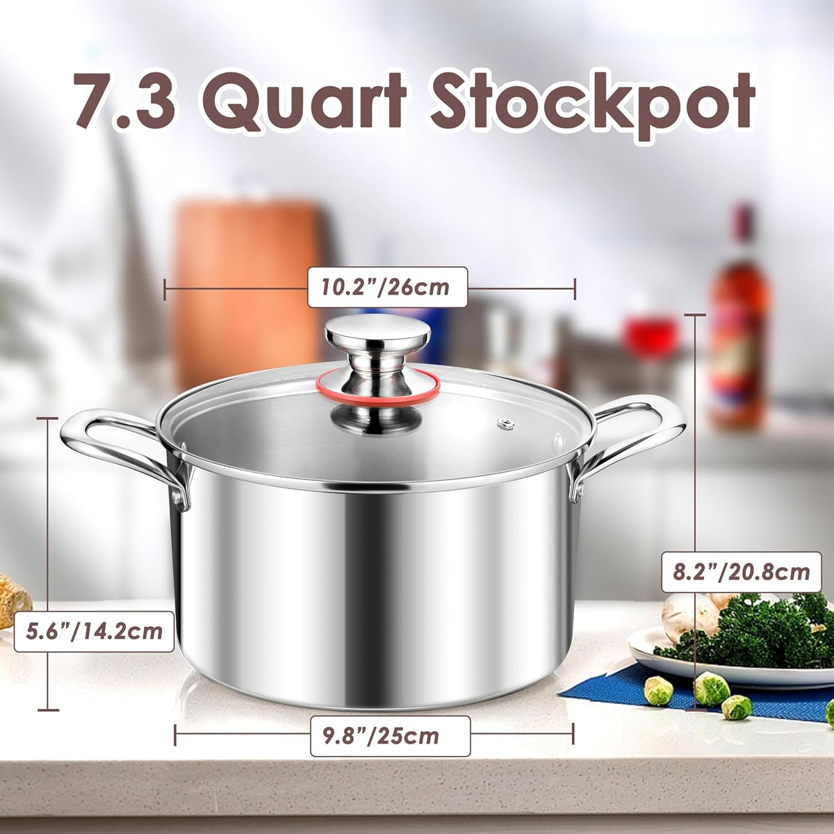 Herogo 7.3 Quart Stock Pot, 18/10 Stainless Steel Cooking Pot with Lid, 7.3 QT Pasta Stockpot with Handles, Tri-Ply Stockpot for Induction Gas Electric Stove, Dishwasher Safe
