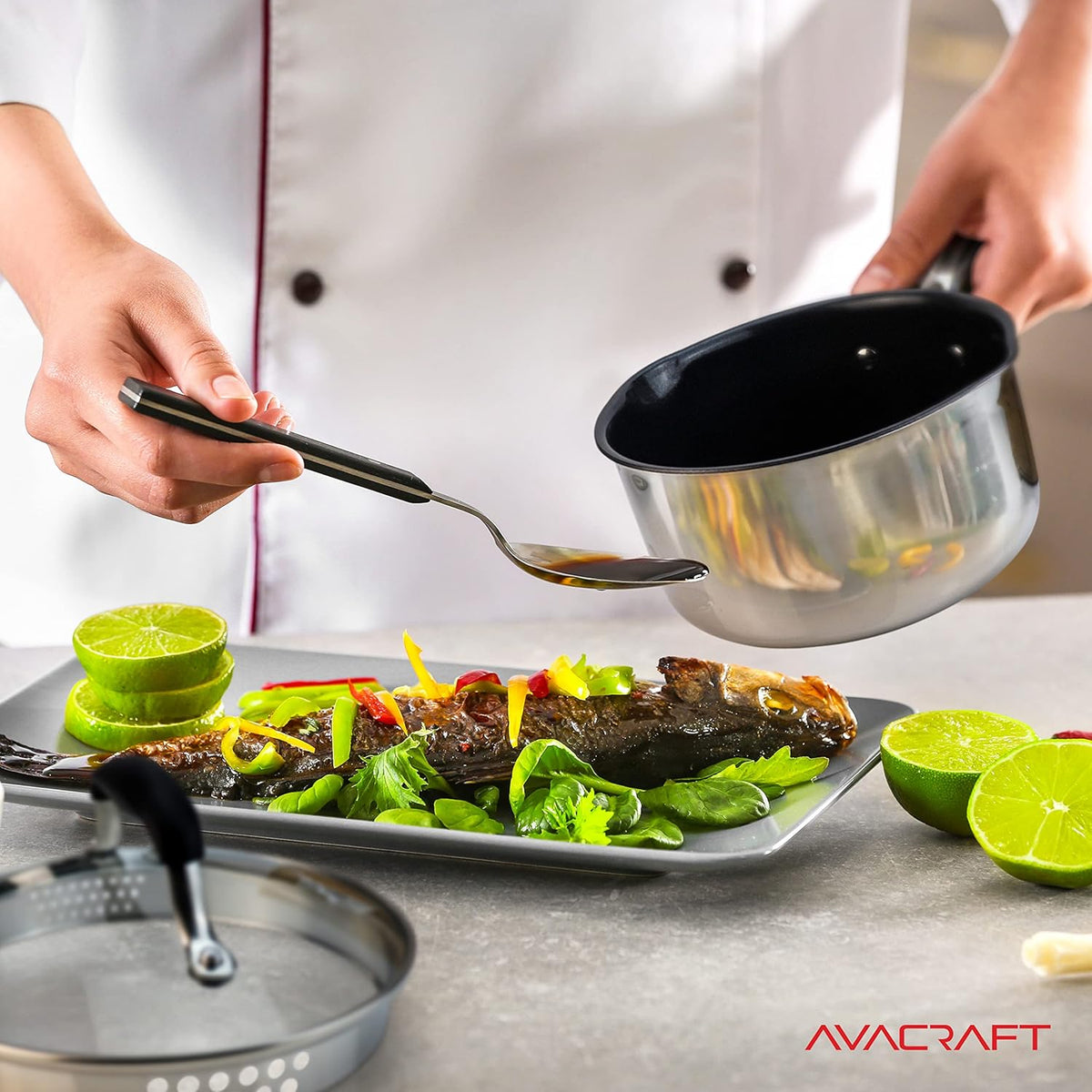 AVACRAFT Nonstick Saucepan with Glass Lid, Strainer Lid, 100% PTFE, PFOA Toxins Free, Two Side Spouts for Easy Pour, Multipurpose Sauce Pan with Lid, Ceramic Sauce Pot (2.5 QT Non-Stick Saucepan)