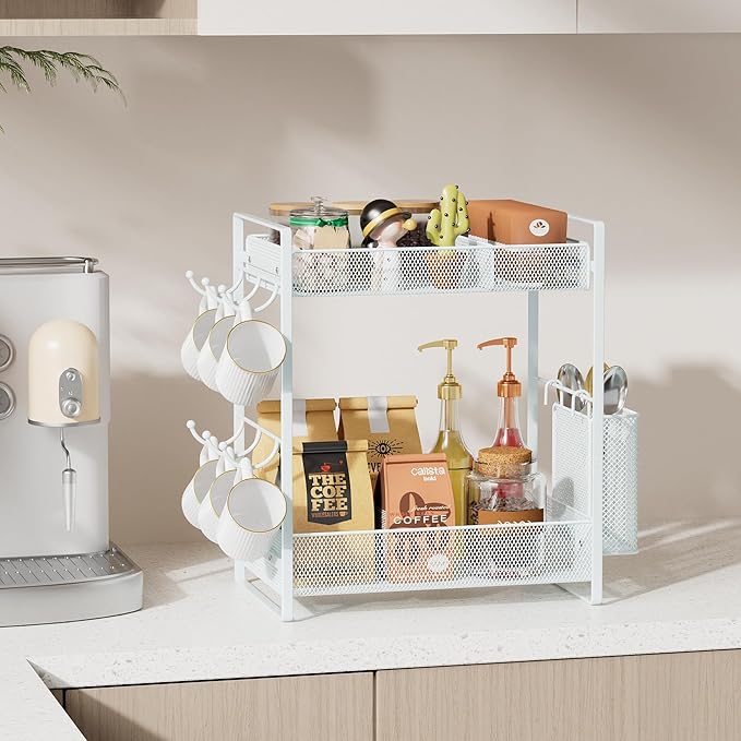 VITVITI Coffee Bar Organizer with Mug Holder, Metal Coffee Station Organizer for Countertop, 2 Tier Cup Mug Holders Rack with Basket for Kitchen Office, White
