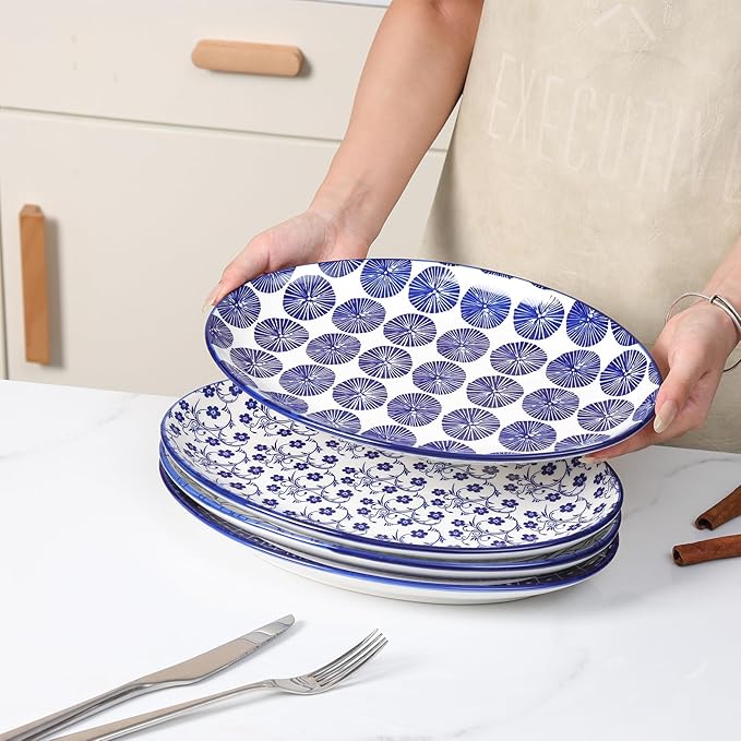 Selamica Serving Platters Ceramic, 12 Inch Serving Dishes for Party Entertaining, Oval Serving Plates for Sandwich, Appetizer, Fruit, Microwave Dishwasher Safe, Set of 4, Vintage Blue