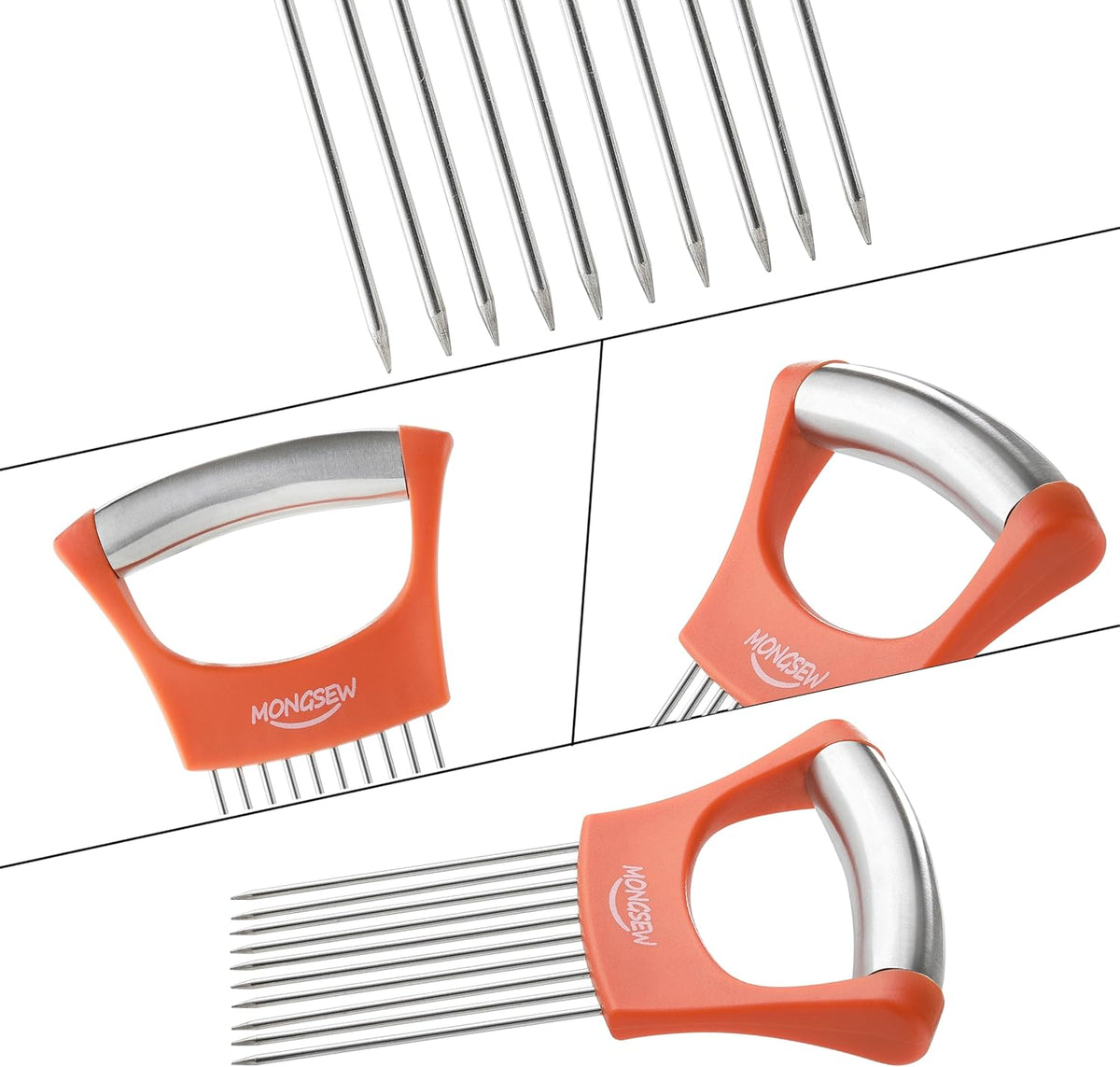 Onion Slicer Holder, MONGSEW Stainless Steel Onion Cutter for Slicing and Storage of Onions, Avocados, Eggs, Dishwasher Safe, Protective Cover Included (Stylish Orange)