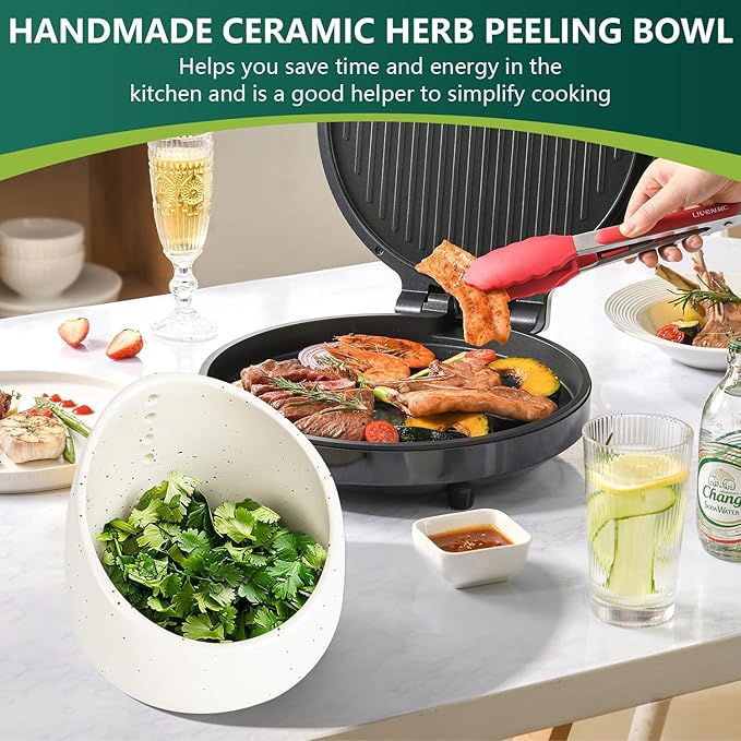 Pottery Herb Stripper Bowl, Handmade Ceramic Herb Peeling Bowl, for Separating Leaves and Stems (White)
