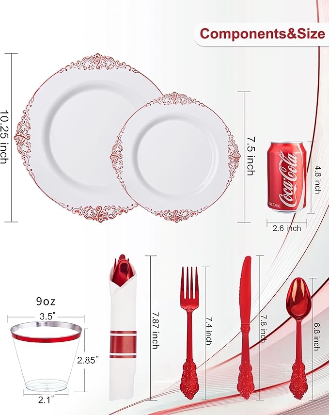 Nervure 350PCS Red Plastic Plates - White Red Plastic Dinnerware Set for 50 Guests - 100 Red Disposable Plates, 50 Pre Rolled Cutlery Set, 50 Cups Perfect for Wedding, Party & Christmas