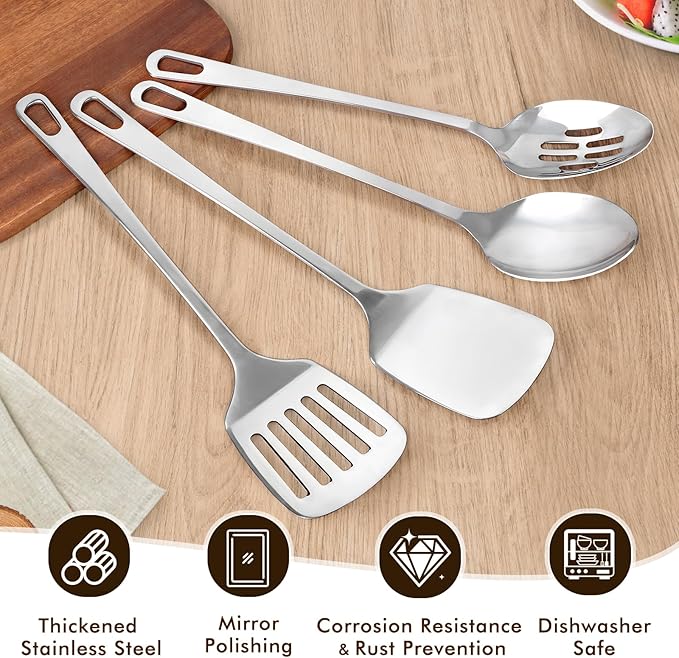 4 Pcs Cooking Utensils Set, Stainless Steel Kitchen Utensils, Heat Resistant Metal Kitchen Tools Include Solid & Slotted Turner Wok Spatula, Serving Spoon, Ergonomic Handle, Easy to Clean, Silver