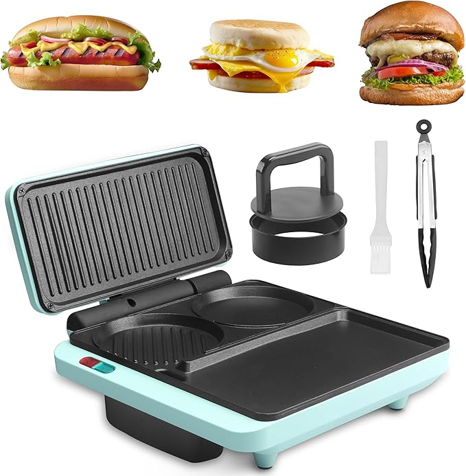 Baker's Friend Breakfast Sandwich Maker, Nonstick Electric Griddle & Grill Combo, 3 in 1 Breakfast Station, Make Egg Muffin Sandwiches Burgers Hot dogs & Pancakes, Includes Burger Press, Tong & Brush