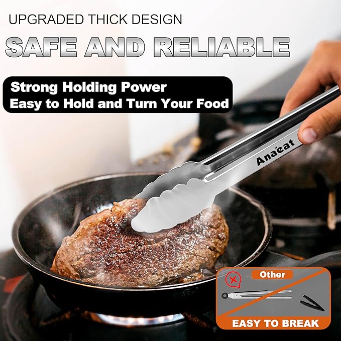 Anaeat Premium Stainless Steel Kitchen Tong Set of 2 - Sturdy Coiled Spring 9" and 12" Locking Food Tong with Non-Slip Silicone Grip for Cooking, Baking, Grilling, BBQ - Heat Resistant up to 480°F