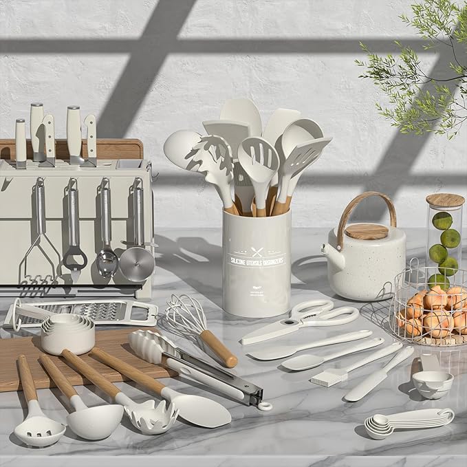 Umite Chef Silicone Kitchen Utensil Set, 34PCS Heat Resistant Kitchen Gadgets and Tools With Grater, Cream White Wood Handles for Nonstick Cookware