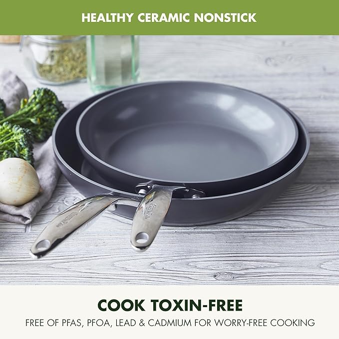 GreenPan Valencia Pro Hard Anodized Healthy Ceramic Nonstick 8" and 10" Frying Pan Skillet Set, PFAS-Free, Induction, Dishwasher Safe, Oven Safe, Gray
