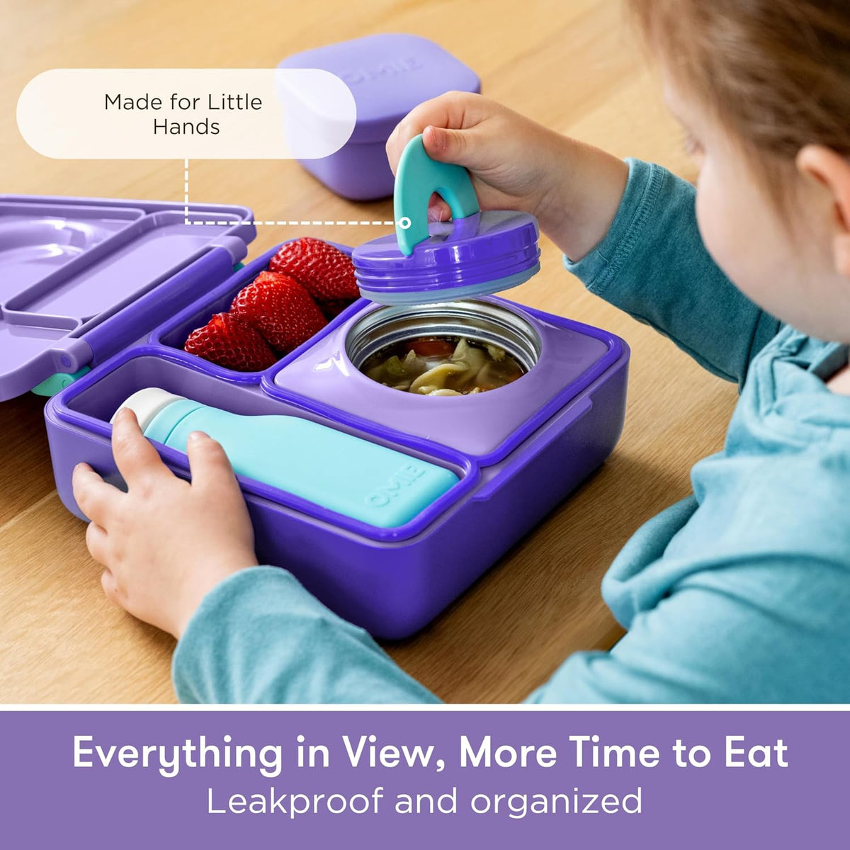 OmieBox Bento Box for Kids - Insulated Bento Lunch Box with Leak Proof Vacuum Insulated Food Jar - 3 Compartments, Two Temperature Zones (Purple Plum)