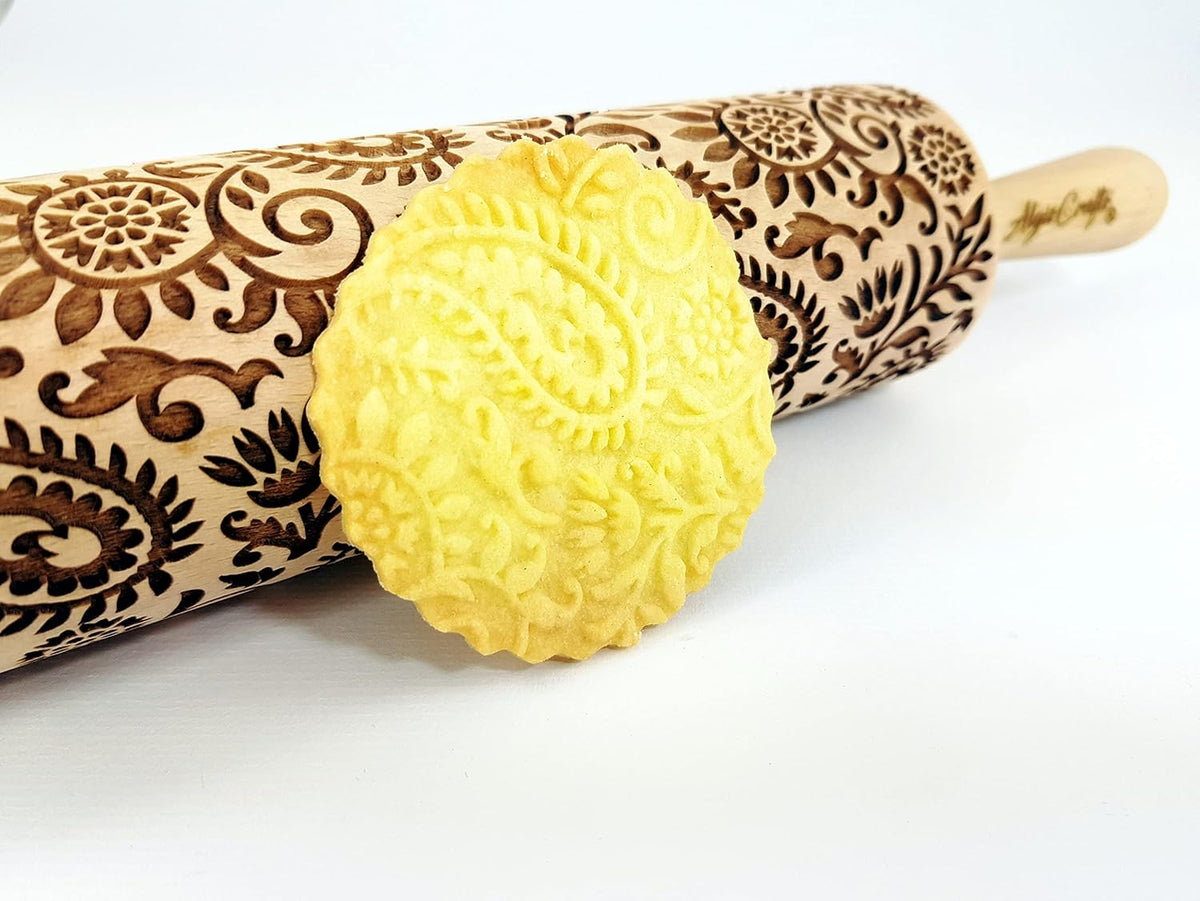 INDIAN embossing rolling pin with Indian Paisley Pattern. Dough roller for embossed cookies and Pottery by Algis Crafts