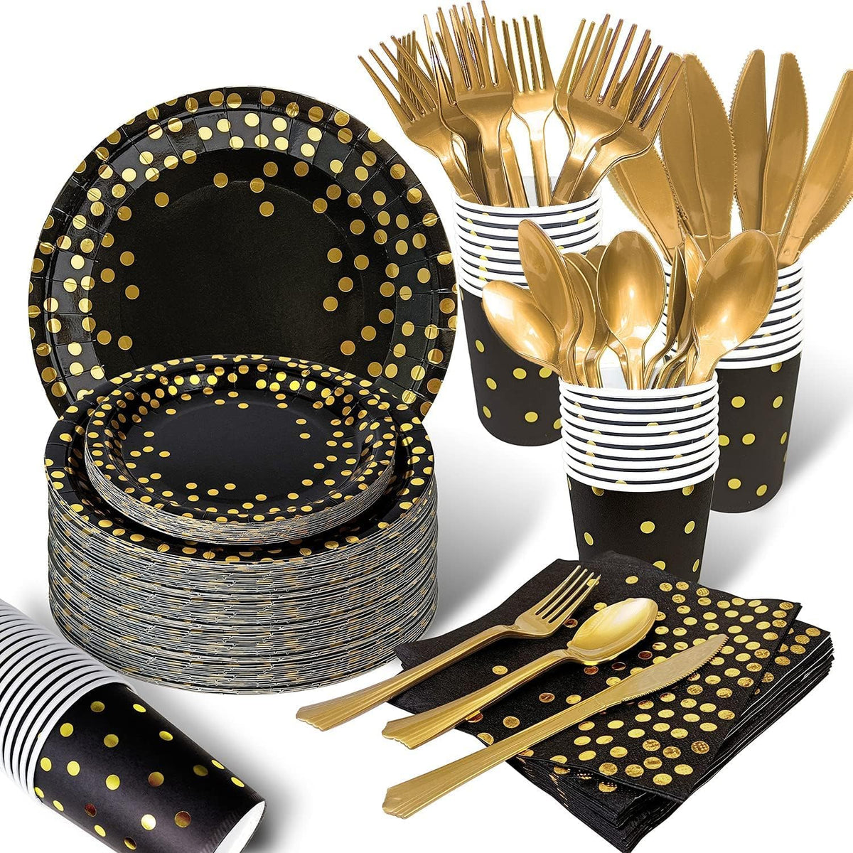 AIRE 175PCS Black and Gold Plates Party Supplies Dinnerware Sets for 25 Guests, Disposable Paper Party Plates, Dessert Plates, Cups, Napkins, Plastic Spoons, Forks, Knives for Wedding, Birthday