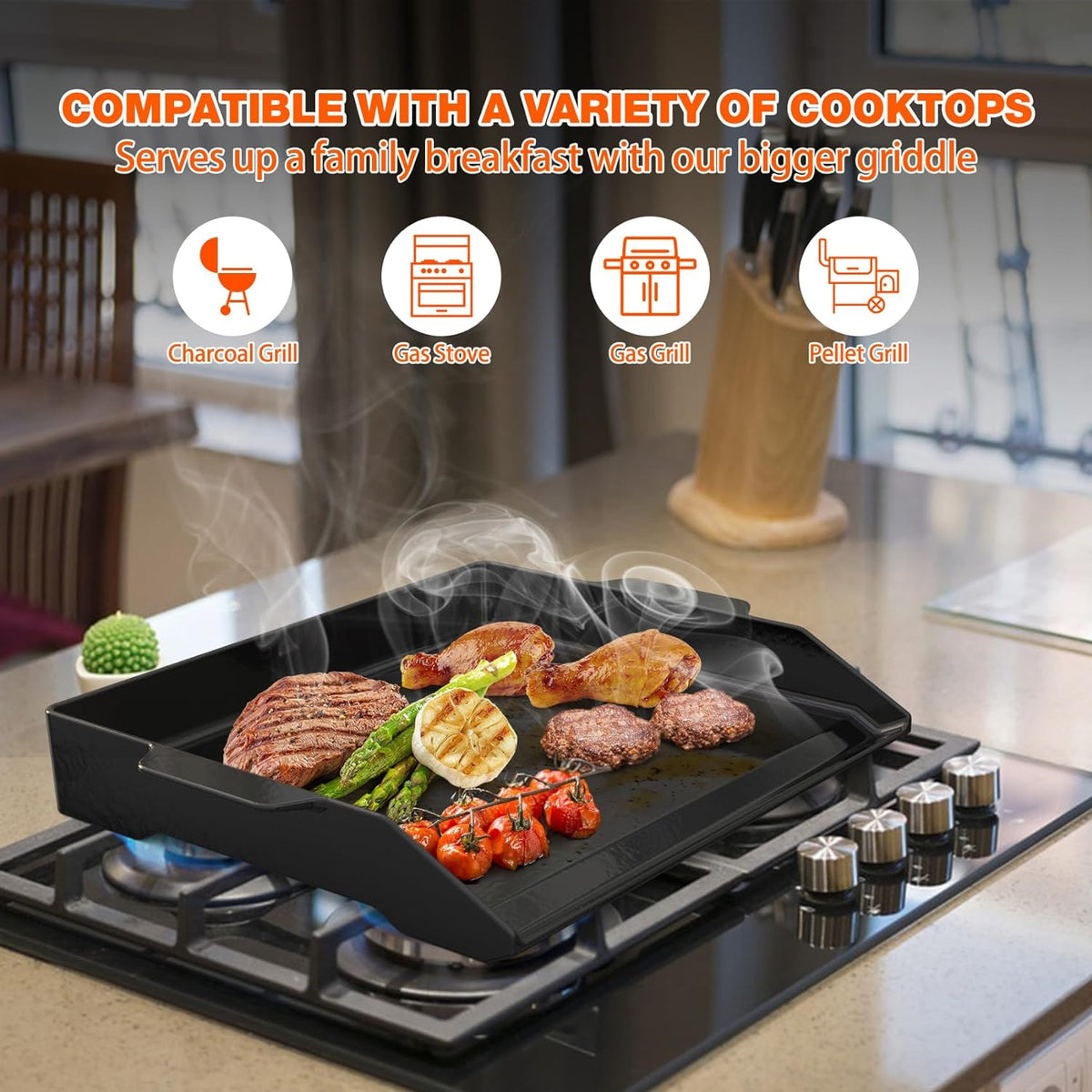 Onlyfire Universal Enamelled Cast Iron Griddle, BBQ Flat Top Griddle for Any Grills and Gas Hob, 18.6" x 14"