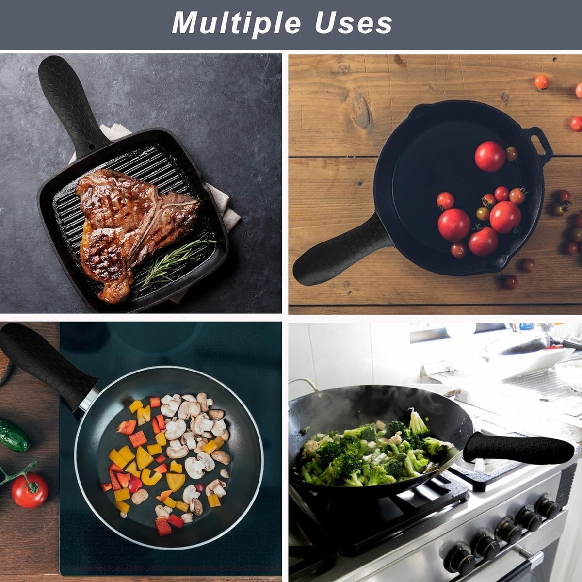 4 Pcs Non-Slip Silicone Hot Handle Holder & Assist Grips, Potholder for Cast Iron Skillets, Heat Resistant Handle Cover Sleeve for Frying Pans, Casserole, Cookware Handles, Black