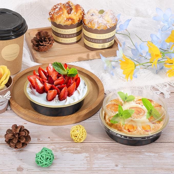 Beasea 50 Pack 4” Mini Pans with Lids, 8oz Disposable Aluminum Baking Foil Tins Round Small Dark Red Spot Container for Individual Cupcake Dessert Muffin Ramekin Cheesecake Quiche Oven Dishes
