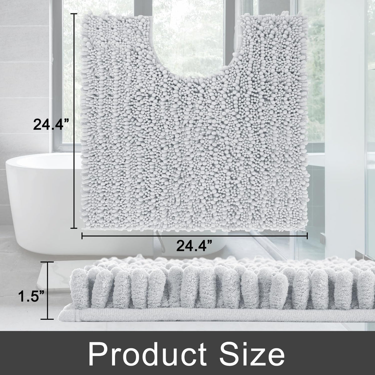 Yimobra Toilet Rug U Shaped Washable 24x20 Inch - Ultra Soft Absorbent Chenille Bath Rugs for Toilet, Quick Dry & Machine Washable, Non Slip Contour Bathroom Mat, Silver