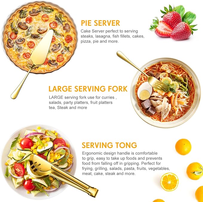Patelai Serving Utensils Set Include Stainless Steel Large Spoons Slotted Spoons Forks Tongs Soup Ladle and Pie Server for Parties Buffet Catering, Dishwasher Safe(Gold,10 Pieces)