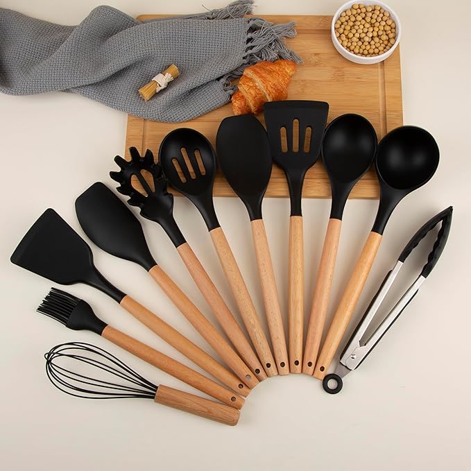 Silicone Cooking Utensils Set, Premium Beech Wood Handle Kitchen Gadgets Utensil Set, Non-Stick Kitchen Utensils Spatula, Tongs, Turner, Whisk, Brush, Spoon, BPA FREE, 446°F Resistant (Black)