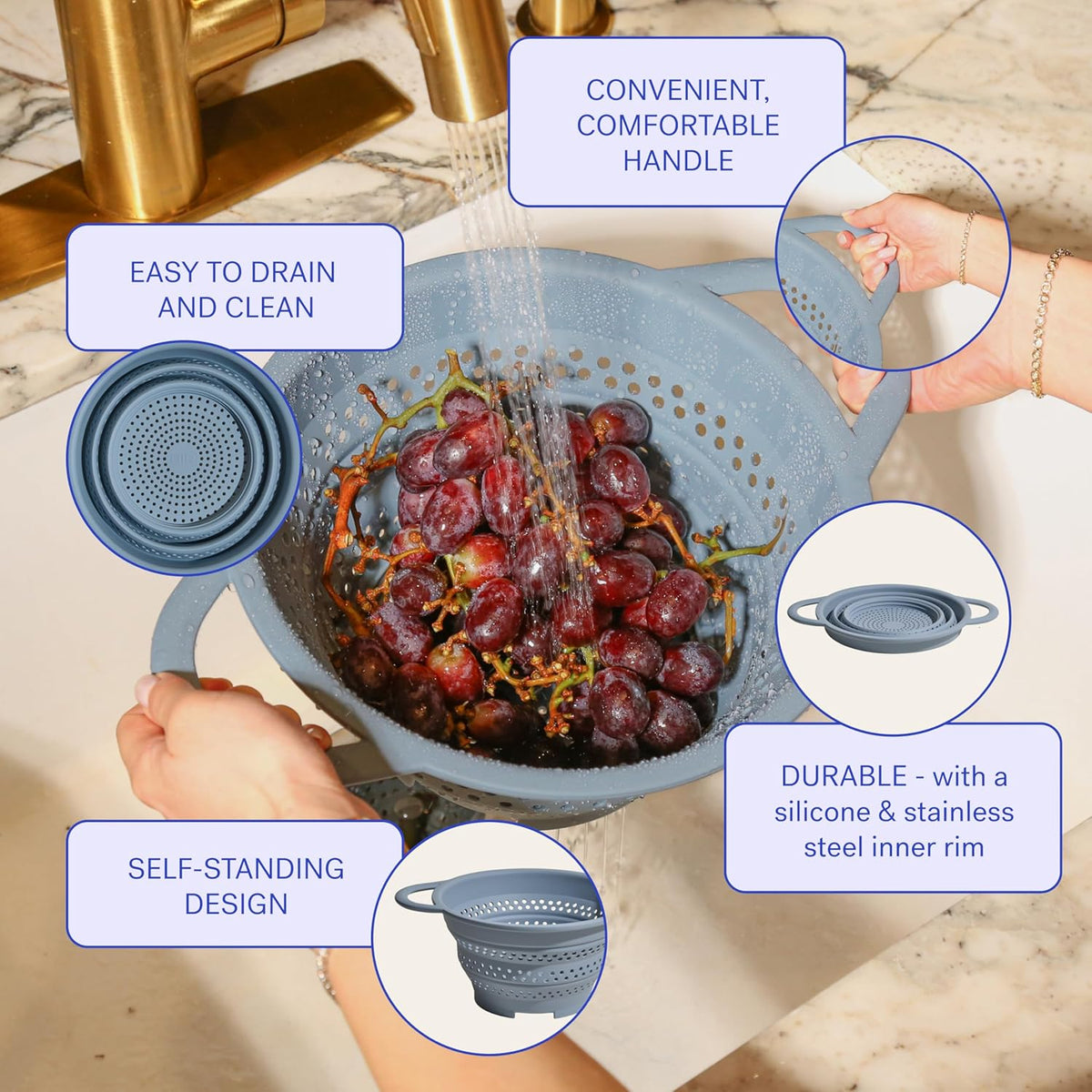 GIR Collapsible Colander for Kitchen – Space-Saving Strainer & Steamer – BPA-Free, Heat-Resistant, Dishwasher Safe Kitchen Strainer with Stainless Steel Rim – Durable Collapsible Colander - Slate