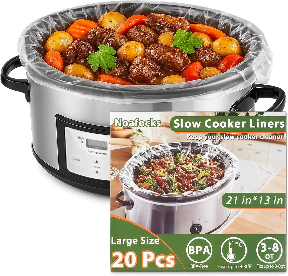 Slow Cooker Liners 3-8 Quarts Disposable Pot Liners 13"x21" Mess-Free Cooking & BPA Free Cooking Bags Suitable for Oval & Round Pots High-Temperature Resistant Liners(20 Liners)