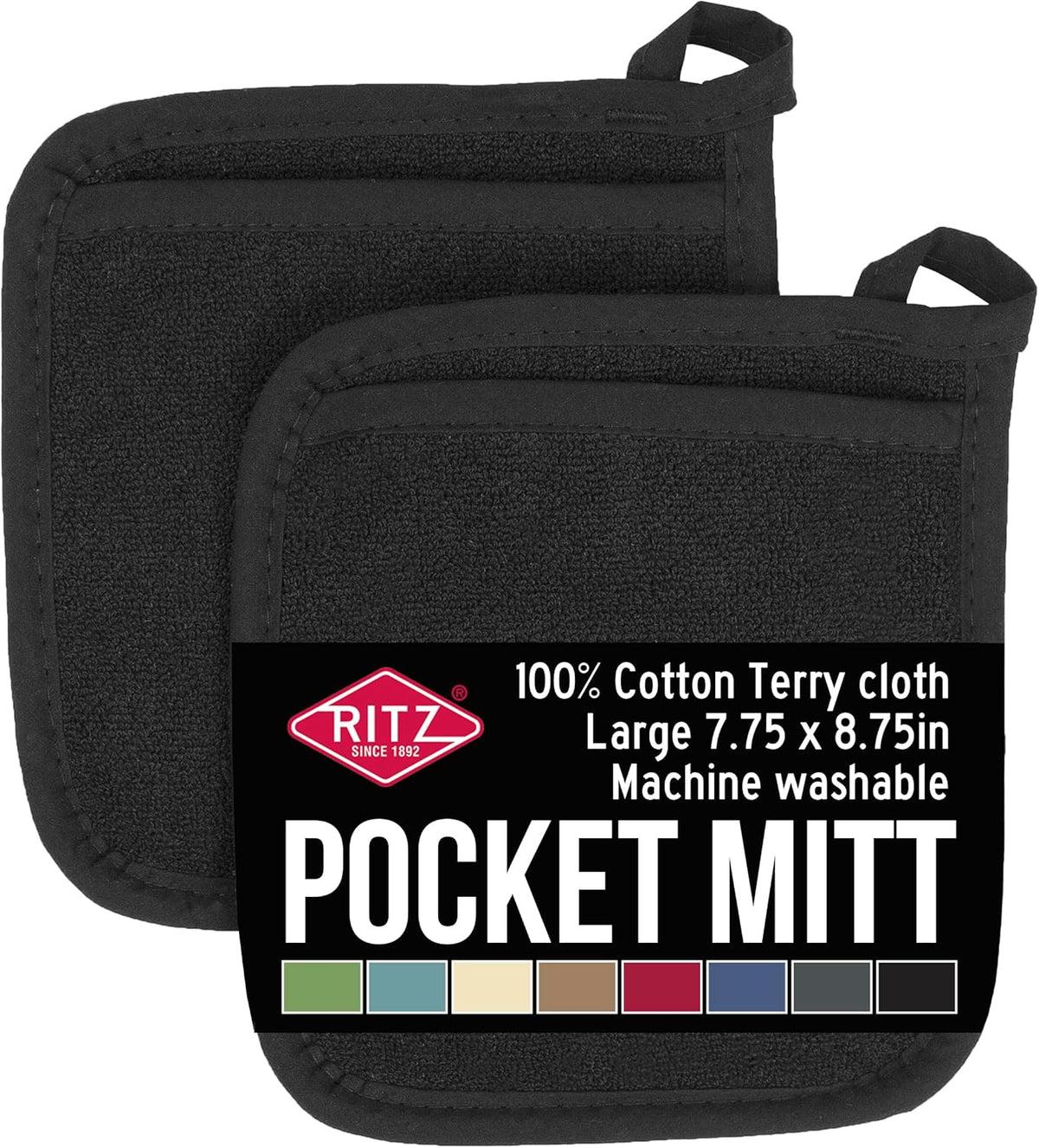 RITZ Terry Pocket Mitt & Hot Pad: Unparalleled Heat Resistant, Durable 100% Cotton – Ergonomically Designed for Optimal Grip – Easy-Care Machine Washable – 2-Pack, Black