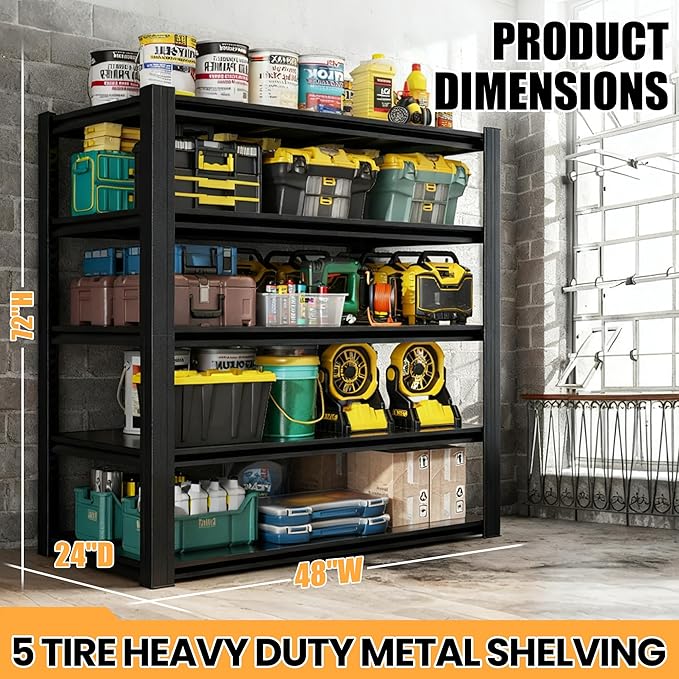 72" H Garage Shelving, Heavy Duty Storage Shelves, Garage Storage Shelves, Adjustable 5 Tier Metal Shelving Unit, Utility Shelves for Warehouse Backyard, 72" H×48" W×24" D