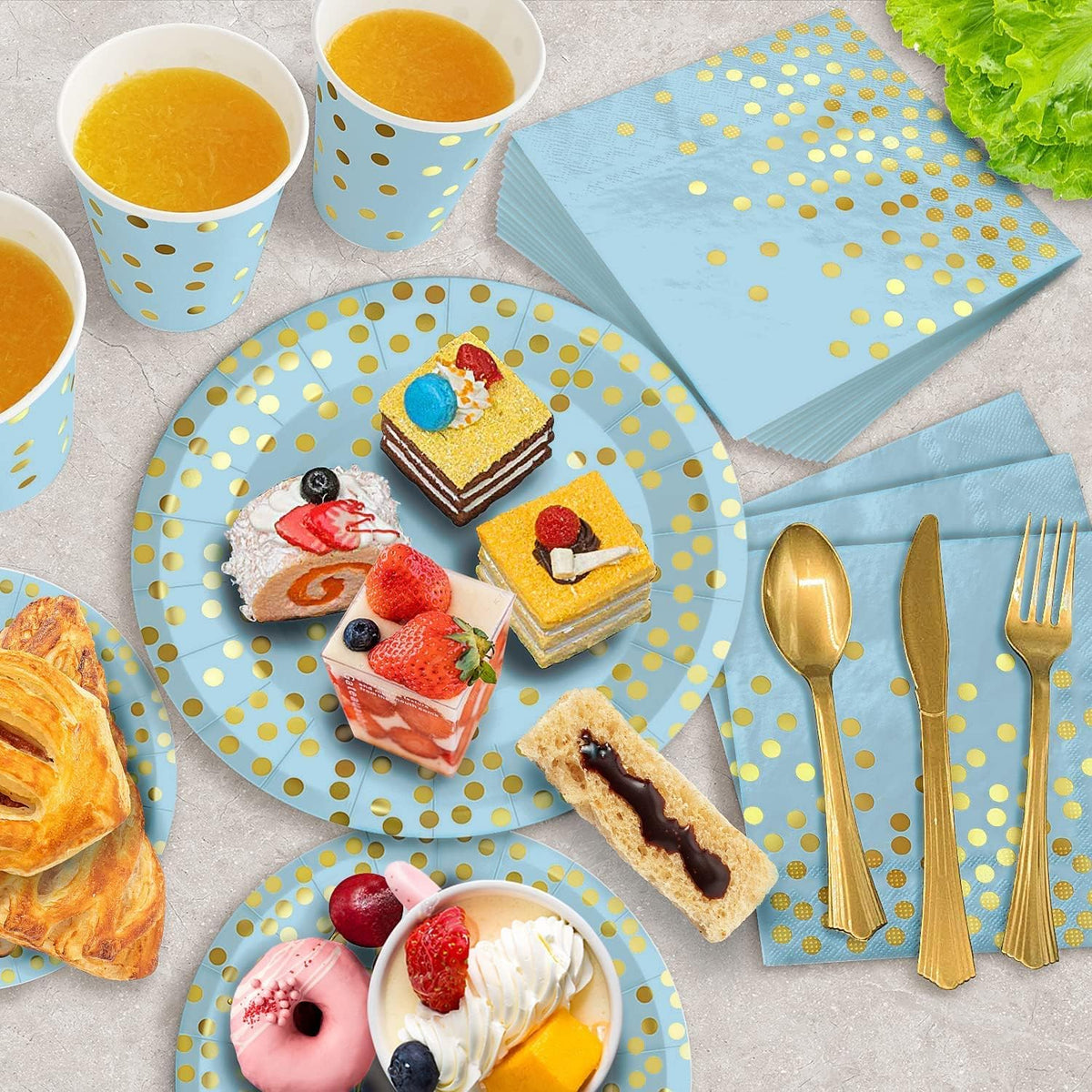 AIRE 175Pcs Blue and Gold Paper Plates Dinnerware Sets for 25 Guests, Party Decorations Paper Plates Party Supplies Gold Plastic Forks Knives Spoons, Golden Dot Napkins Cups For Birthday Baby Shower