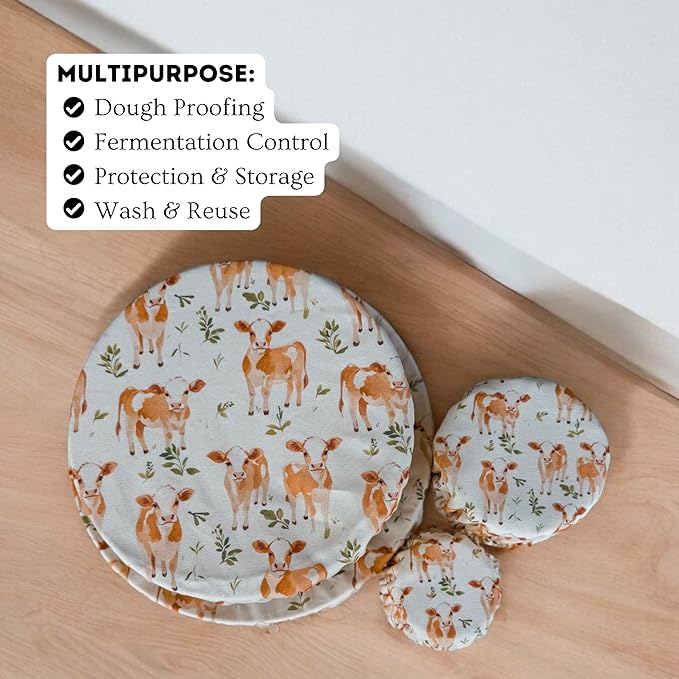 (4-Pack) Sourdough Reuseable Jar & Bowl Covers | Cute Baking Gift | 100% Cotton | Washable | Bread Proofing | Kitchen Food Storage Gifting | Starter Cover Lid Kit (Jersey Cow)