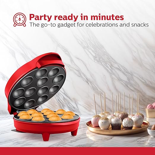 Holstein Housewares 12-Count Cake Pop Maker with Non-Stick Plates & Indicator Lights – Bakes 12 Sweet or Savory Pops Fast, Perfect for Birthday Treats & Holiday Party Snacks, Red