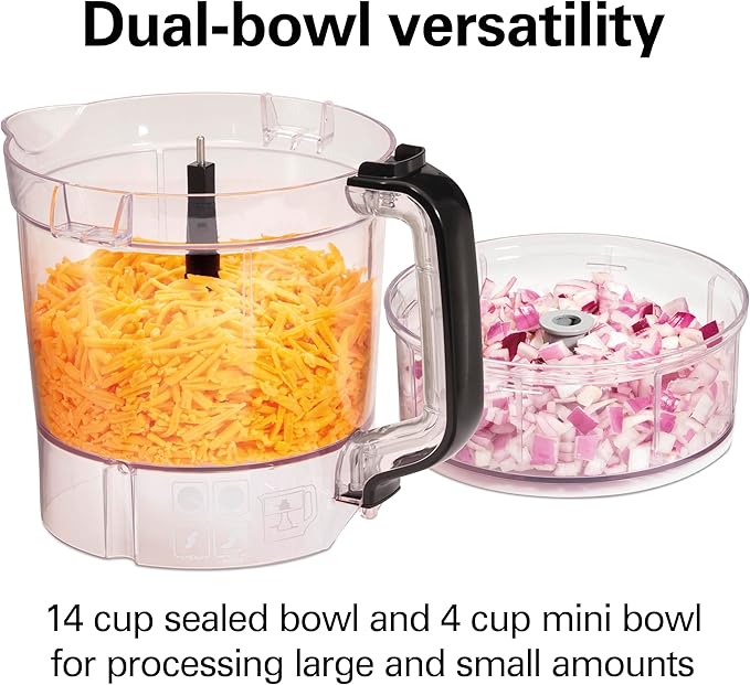 Hamilton Beach Stack & Snap Food Processor and Vegetable Chopper, Stainless Steel Blades, 14 Cup + 4-Cup Mini Bowls, 3-Speed 500 Watt Motor, Black (70585)
