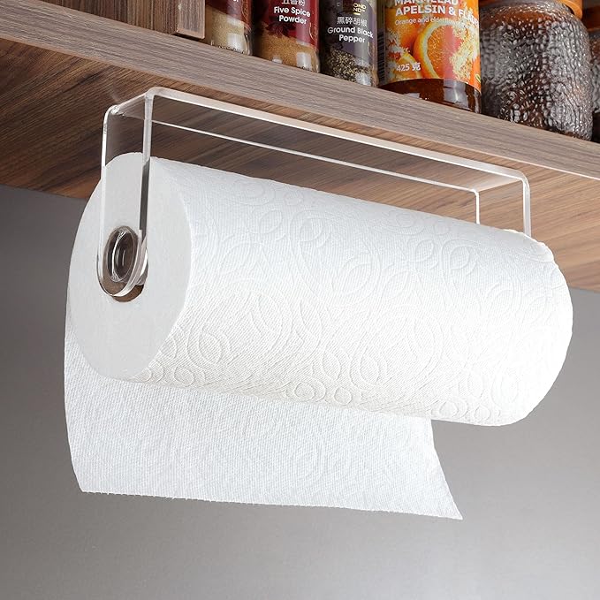 ZUNTO Acrylic Paper Towel Holder - Adhesive Paper Towel Roll Holder Under Cabinet, Clear Plastic Wall Mounted Paper Towel Rack for Kitchen, Frees up Counter Space