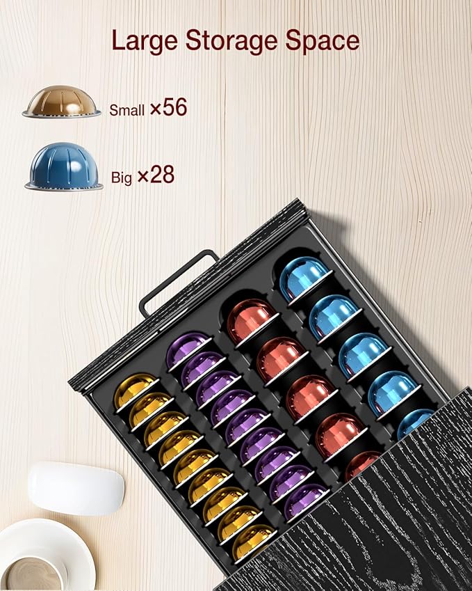 Evermagin Coffee Pod Holder Compatible with Nespresso, Vertuo Pod Holder for 56 Small or 28 Large, Nespresso Capsule Organizer Drawer Coffee Maker Station with Cup Rack, Black