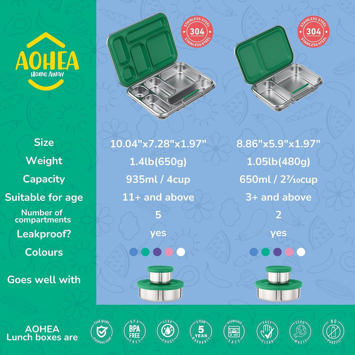 Stainless Steel Bento Box Kids, Kids Metal Bento Lunch Box BPA Free Lunch Box Containers 304 Stainless Steel Bento Box for School and Office(Green)