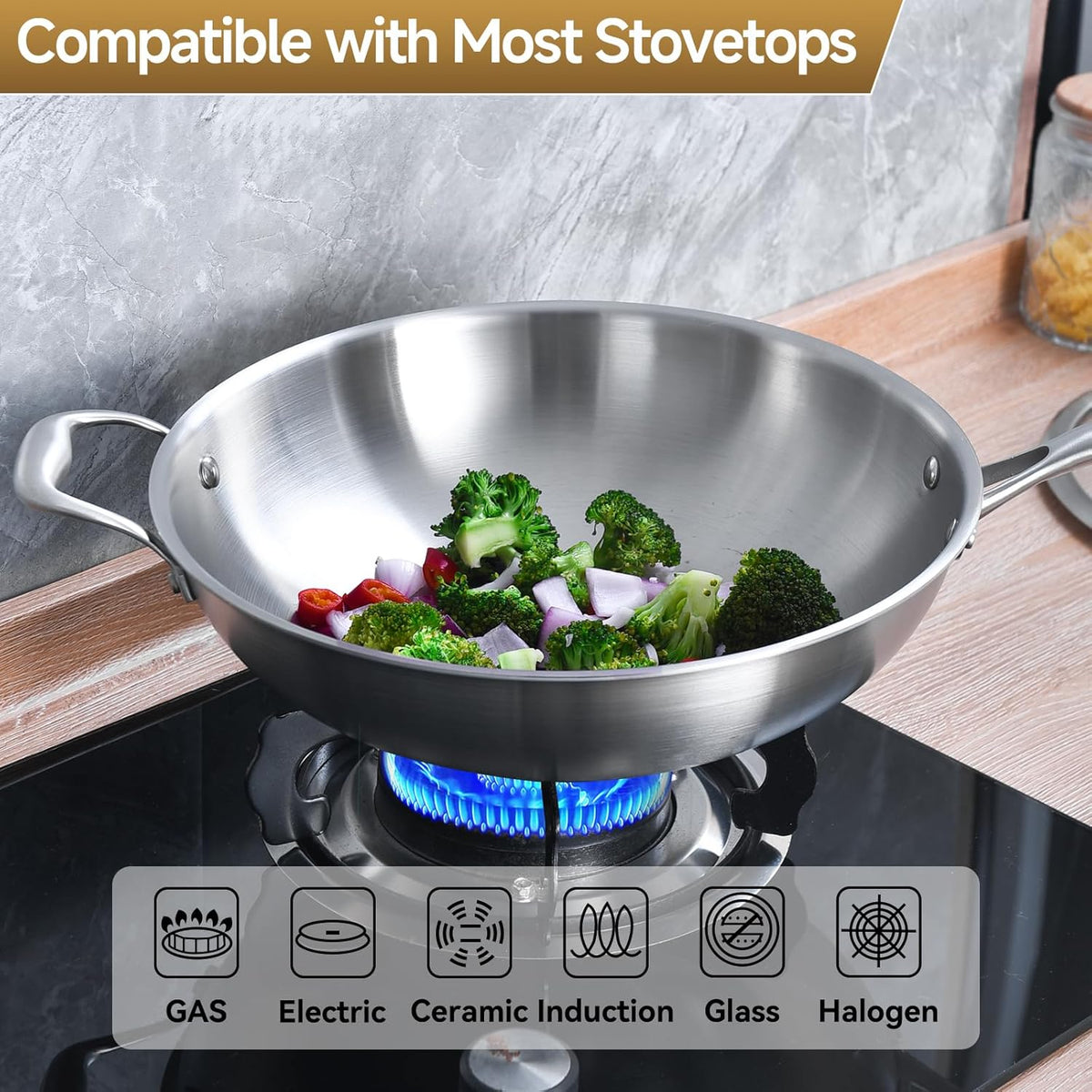 LOLYKITCH 14.5 Inch Tri-Ply Stainless Steel Wok Pan, Stir-Fry Pan,Induction Chef's Cooking Pan,Dishwasher and Oven Safe,Heavy Duty and Detachable Handle