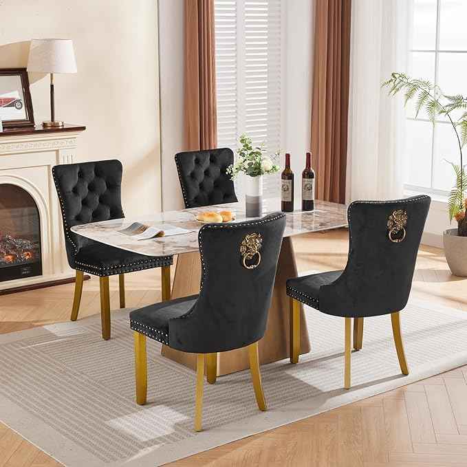 Velvet Dining Chairs Set of 4, Modern Tufted Dining Room Chair, Upholstered Dining Chairs with Lion Head Pulls Ring and Golden Solid Wood Legs, Luxury Kitchen Chairs for Dining Room, Black